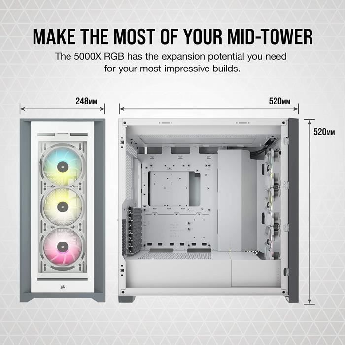 CORSAIR iCUE 5000X RGB PC Case - ATX Mid Tower Tempered Glass - White (CC-9011213-WW)