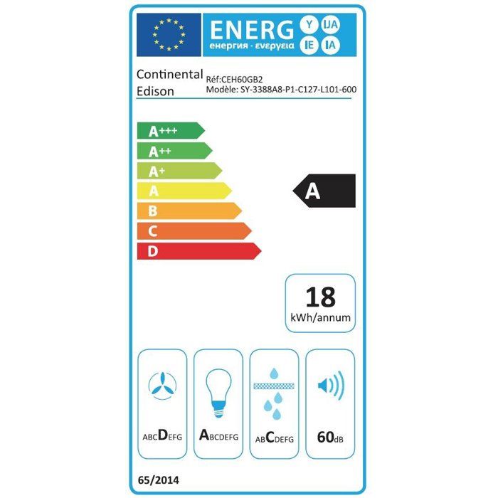 Hotte décorative - CONTINENTAL EDISON - CEH60GB2 - Classe A - 60 x 47 x 50,84 cm - Noir / Verre