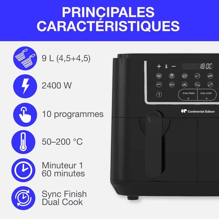 CONTINENTAL EDISON Oil-Free Air Fryer - RFRSH24002CB - 9 L - Double trays - 2400W - Black