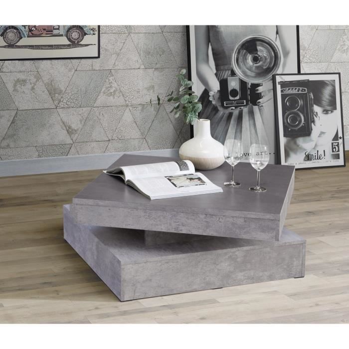 Pivoting square coffee table - Particle panel - Light gray concrete decor - Classic - L 78 x D 78 x H 35.4 cm - Coffee