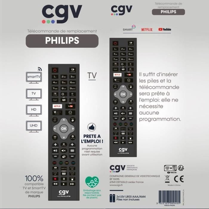 Replacement remote control - CGV - FIDELIO Philips - For Philips televisions - Without programming - Ready to use