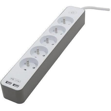 Chacon Multiprise Bloc 5 sockets 16 A with 2 USB ports and cable 1.5 m HO5VV-F 3x1.5 mm² white and brown