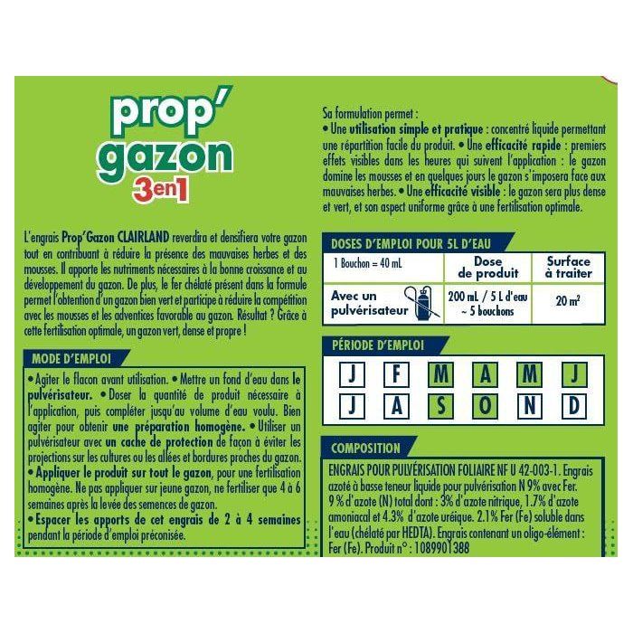 Prop'Gazon 3 in 1 Liquid Lawn Fertilizer - Clairland - Concentrate 2.5 L