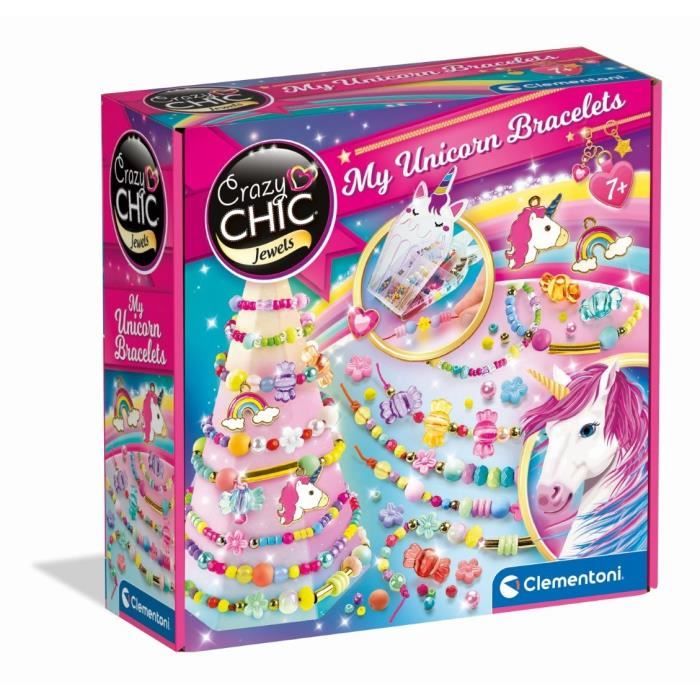 Clementoni - Crazy Chic - Unicorn creative box - Create your own colorful beaded bracelets with charms and pompoms - Ages 7 and up
