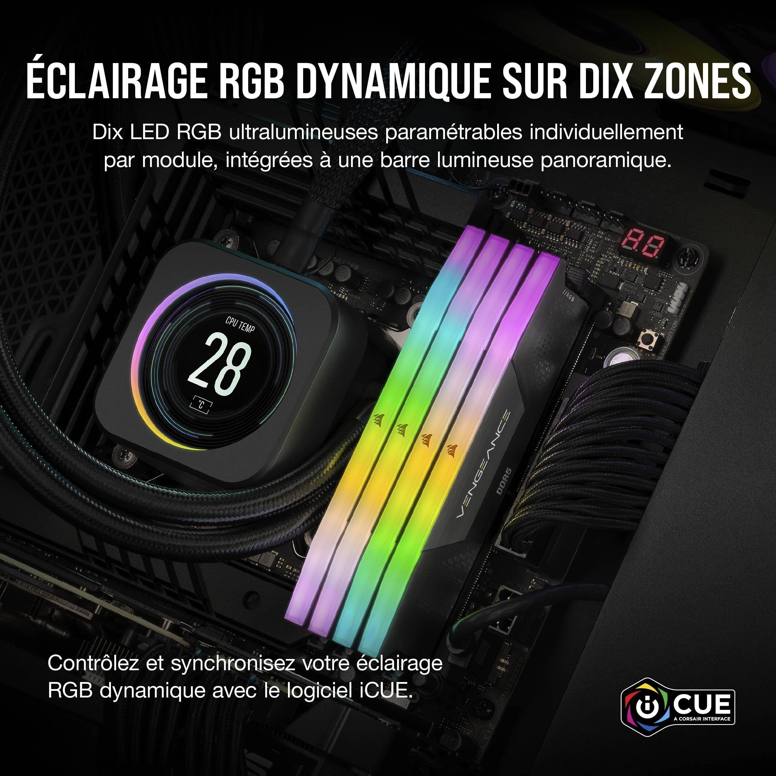 Mémoire RAM - CORSAIR - CMH64GX5M2B5200C40 - 64 Go 2x 32 Go - VENGEANCE RGB DDR5 Black Heatspreader 5200MT/s - DIMM - CL 40