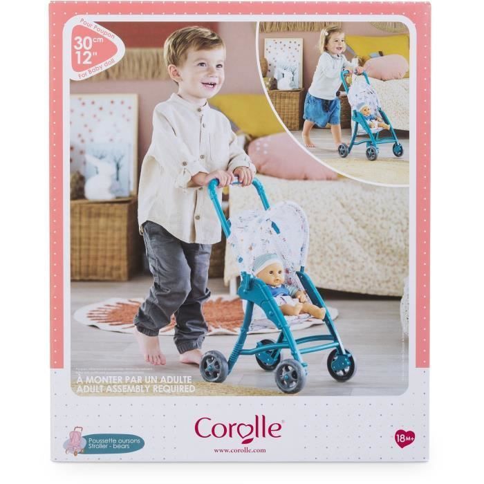 Teddy bear stroller - COROLLE - 30cm baby doll accessory - Blue - Light and easy to use
