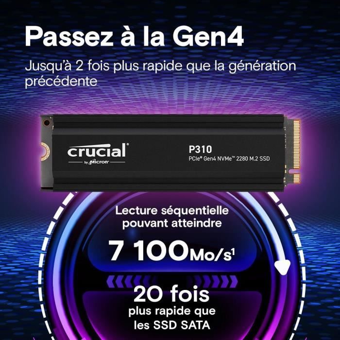 CRUCIAL - P310 - Internal SSD - 4 TB - PCIe Gen4 NVMe M.2 - With heatsink - Read speed up to 7100 MB/s - CT4000P310SSD5