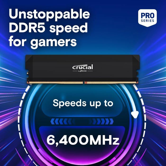 CRUCIAL Memory RAM PRO DDR5 - 6400 MHZ - 32GB Kit (16GBx2 - OC Gaming Memory Black - CP2K16G64C38U5B