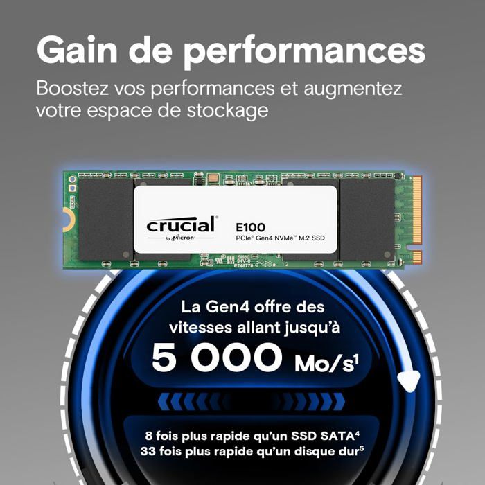 Internal SSD - CRUCIAL - E100 - 480 GB - PCIe Gen4 NVMe M.2 - Up to 470 MB/s