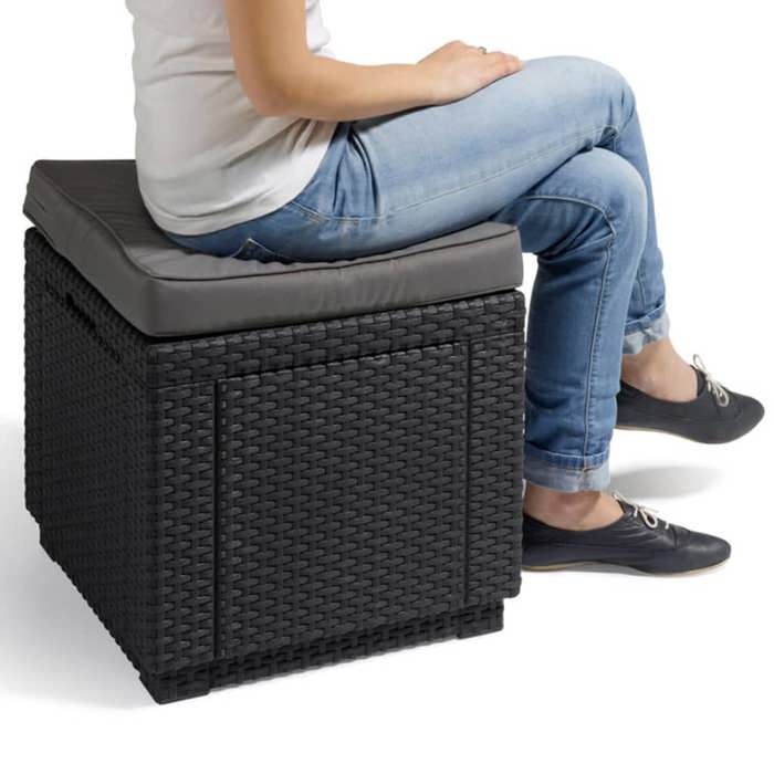 ALLIBERT GARDEN Pouf table with cushion and integrated storage - Imitation woven rattan graphite