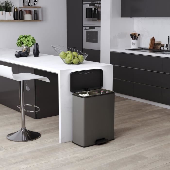 Duo Rectangle Trash Can - DECO BIN - CURVER - 52L (26+26L) - 49 x 32 x 61 cm - Anthracite
