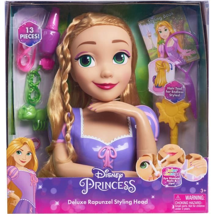 Hairdressing head - DISNEY - Rapunzel Deluxe - 12 accessories - Fake nail polish bottle - Hairdressing guide