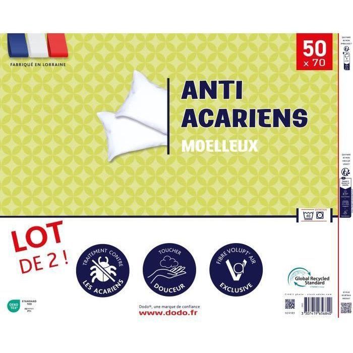 Set of 2 anti-mite pillows 50x70 cm - 100% Polyester - DODO