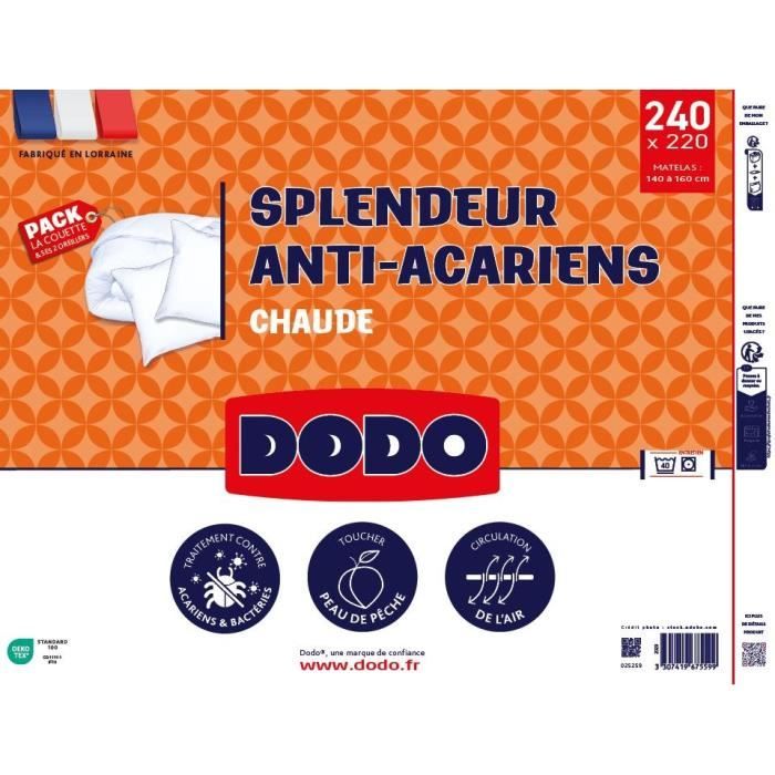 DODO Pack Warm anti-mite duvet 220x240 cm + 2 pillows 60x60 cm - Splendor - 100% volupt'air filling 350gr/m² - White