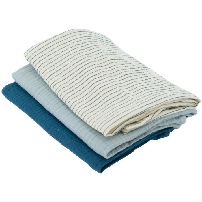 Set of 3 Bamboo swaddles - DOMIVA - 1 Printed + 2 Plain - Indigo blue - 60x60 cm