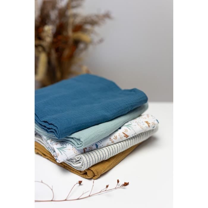 Set of 3 Bamboo swaddles - DOMIVA - 1 Printed + 2 Plain - Indigo blue - 60x60 cm