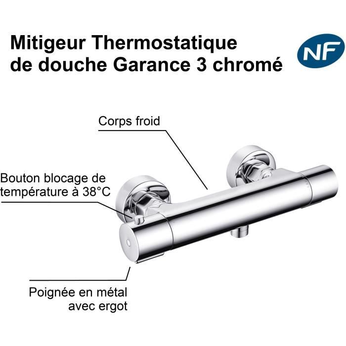 Thermostatic shower mixer - EDOUARD ROUSSEAU - Garance 3 - Cold body - Suitable for all hot water production - Chrome