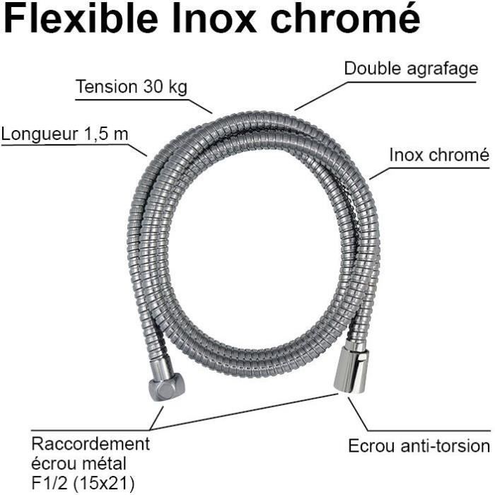 Shower hose - ROUSSEAU - Anti-twist metal nuts - Flow reducer - Length 1.50m - Double-stapled chrome-plated stainless steel