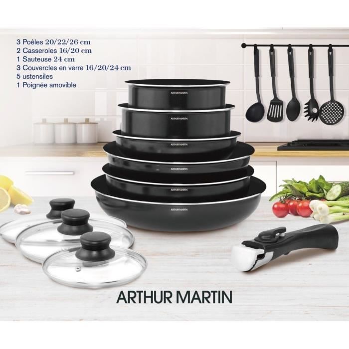 Arthur Martin Removable kitchen battery 15 pieces 16-20-22-24-26 cm black-All lights including induction