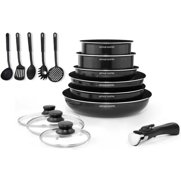 Arthur Martin Removable kitchen battery 15 pieces 16-20-22-24-26 cm black-All lights including induction