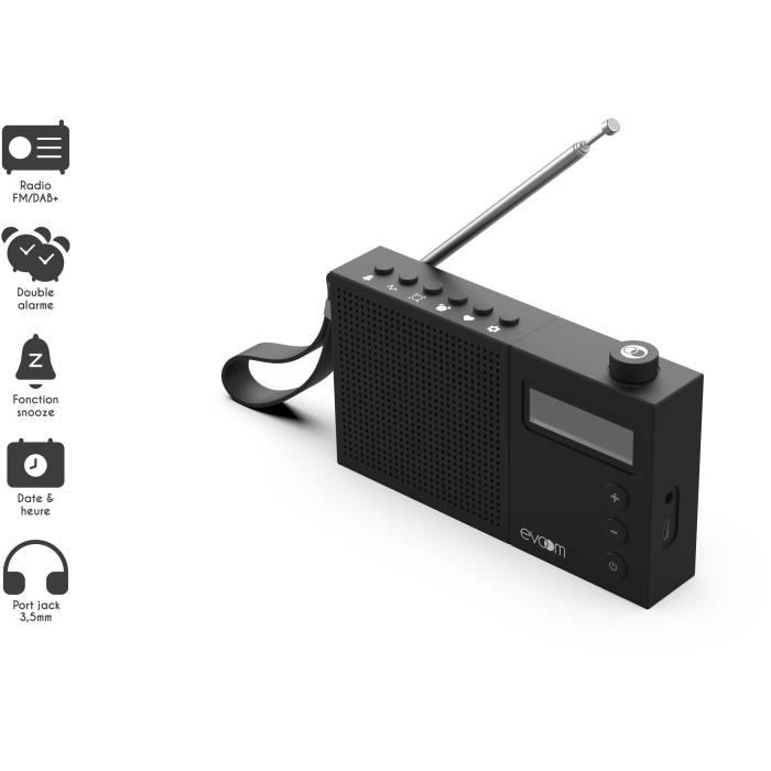EVOOM EGY Black alarm clock radio - FM and DAB+ radio - Battery Batteries/USB - 2 alarms
