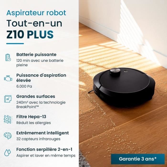 EZICLEAN All-in-one Z10 Plus Connected Robot Vacuum Cleaner with Emptying Base - 240 min - 6000pa - 180m² - 1.5L