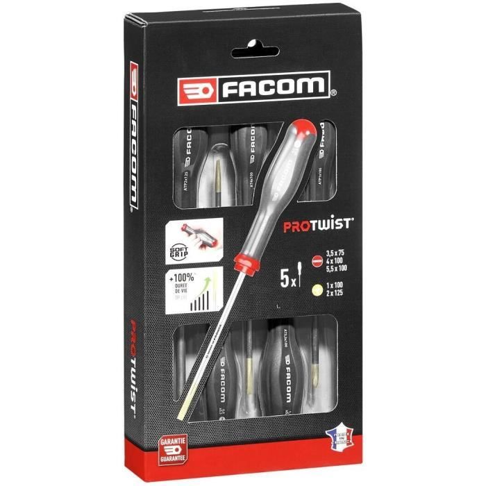Protwist Tournvist set imprints Slit and Prozidriv Facom - AT.5PB (3 Lecrete screwdriver + 2 Prozidriv imprint screwdrivers)