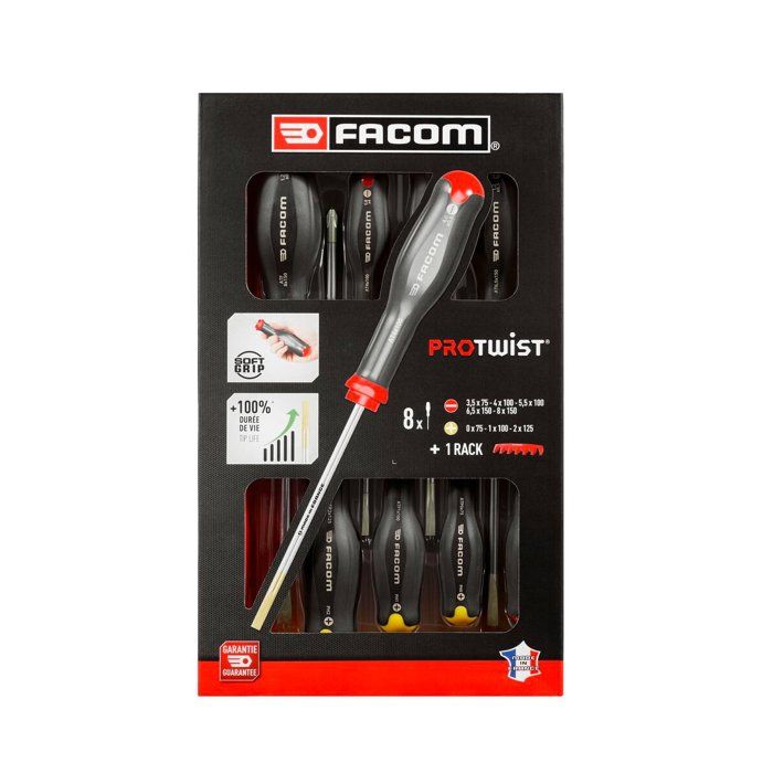 Box of 8 protwist screwdriver screws slit/prozidriv/phillips facom - at.8pb (delivered with 1 storage rack offered)