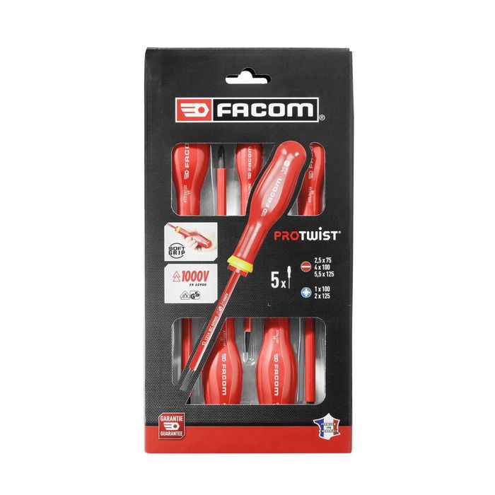 Box of 5 Tournvis Protwist isolated 1000V Facom - AT5VE.PB (delivered with 3 screwdriver + 2 prozidriv)