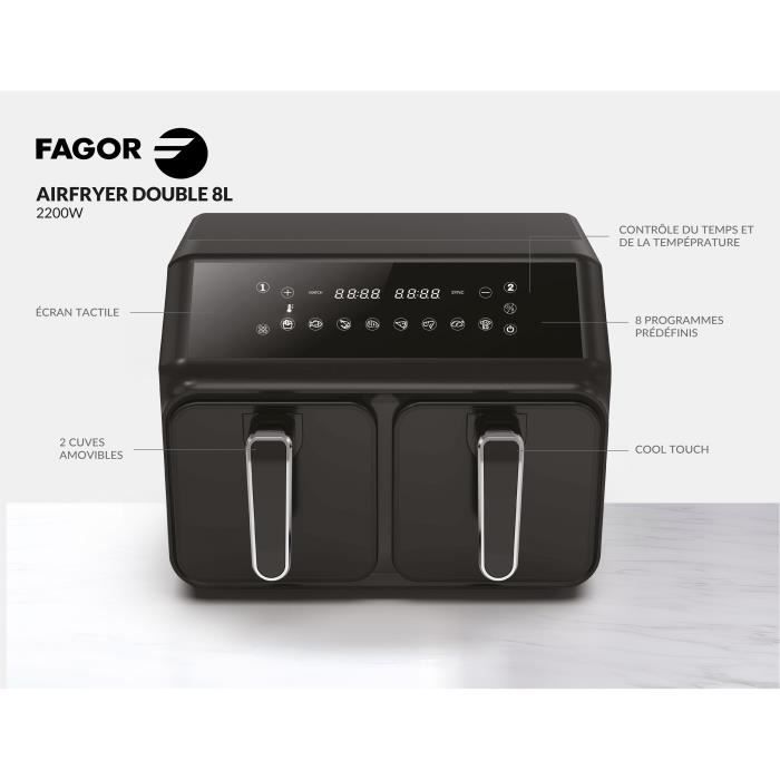 Airfryer 8L - FAGOR - Oil-free fryer 2 4L tanks - 2200W - 8 programs - Black