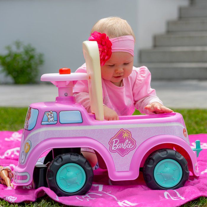 Ride-On Toy - FALK - Retro Barbie Van - Seat that opens - Steering wheel with horn - Customizable license plate - Ages 12 months and up