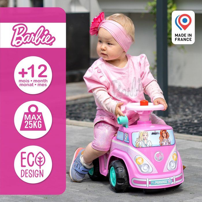 Ride-On Toy - FALK - Retro Barbie Van - Seat that opens - Steering wheel with horn - Customizable license plate - Ages 12 months and up