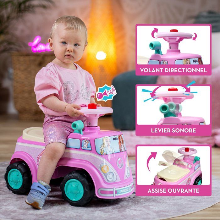 Ride-On Toy - FALK - Retro Barbie Van - Seat that opens - Steering wheel with horn - Customizable license plate - Ages 12 months and up