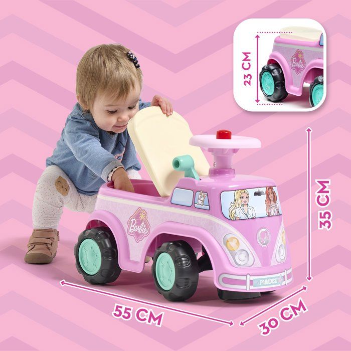 Ride-On Toy - FALK - Retro Barbie Van - Seat that opens - Steering wheel with horn - Customizable license plate - Ages 12 months and up