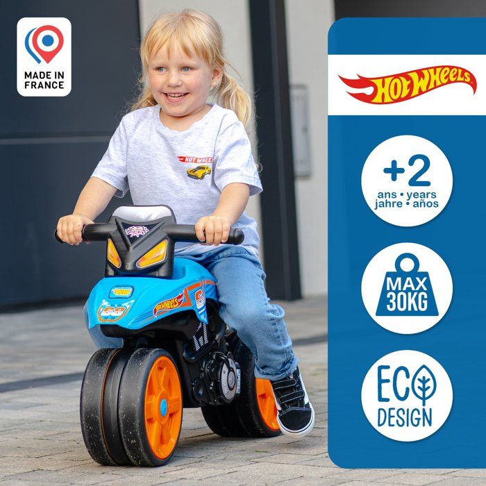 Balance Bike - Quiet Wheels - FALK - Hot Wheels Motorcycle - Recycled Plastic - Steerable Handlebars - Blue