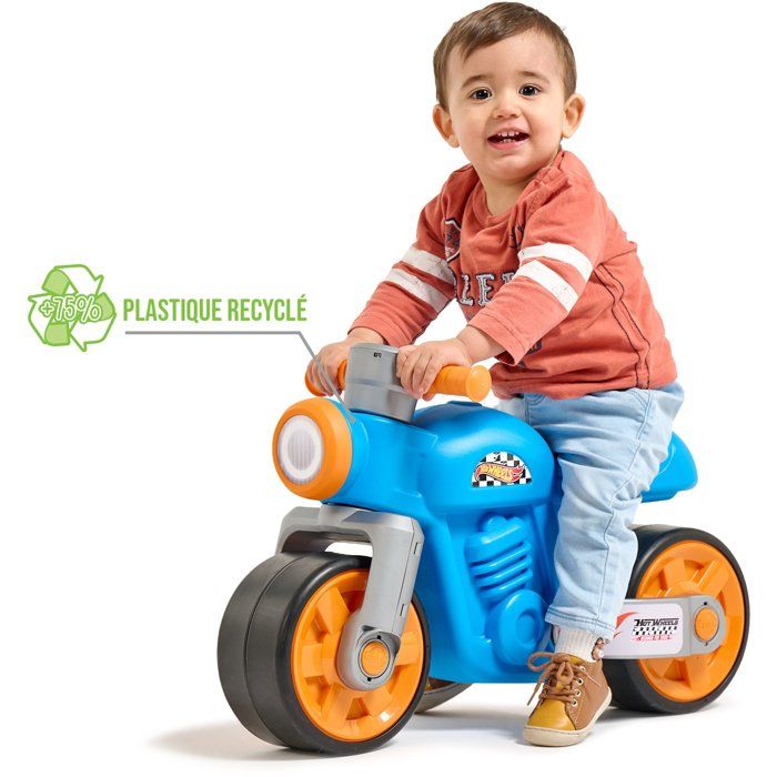 Balance Bike - Large, Quiet Wheels - FALK - Hot Wheels Retro Motorcycle - Recycled Plastic - Vintage - Blue