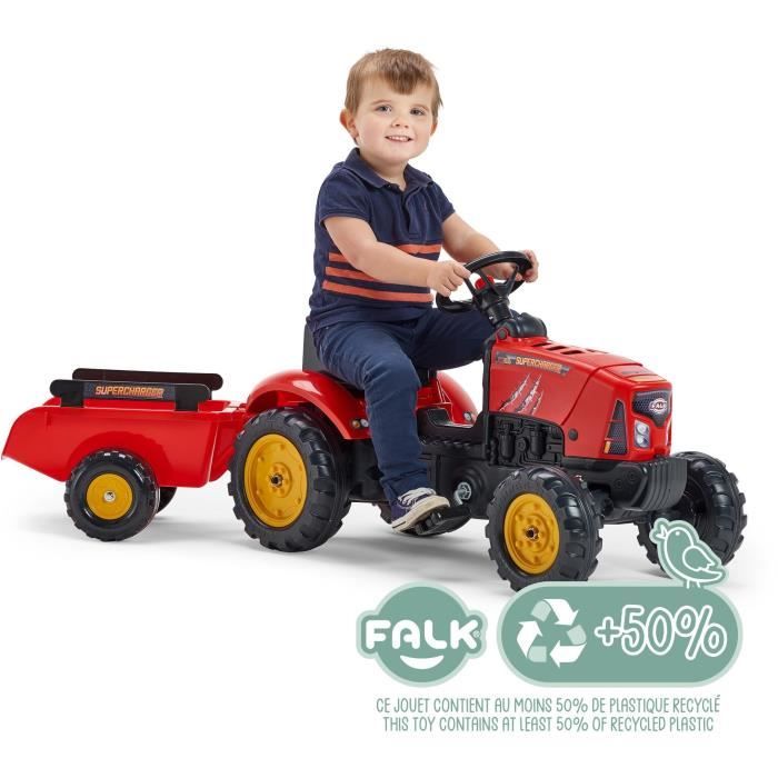 FALK - Supercharger red pedal tractor with opening hood and trailer