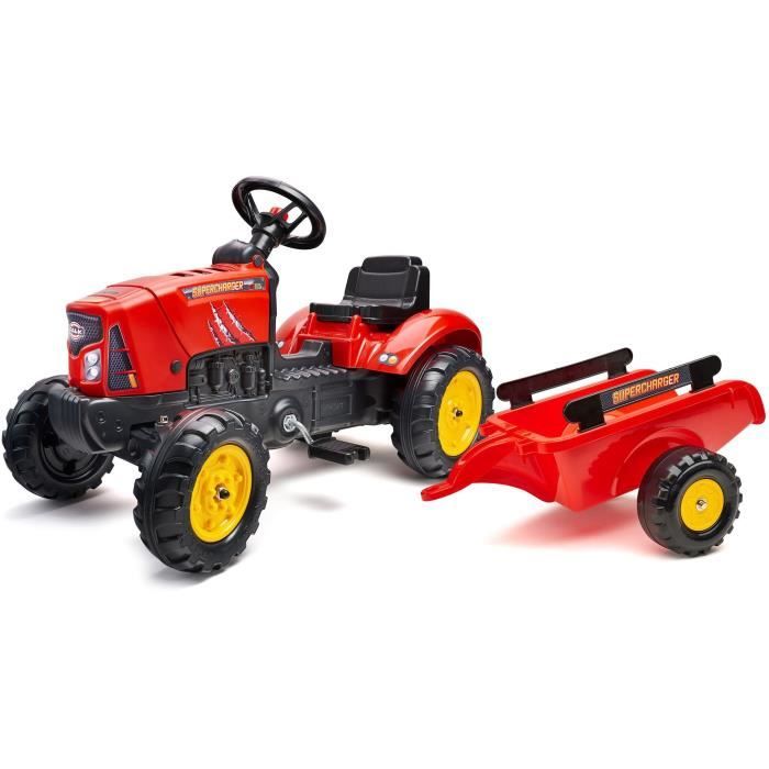 FALK - Supercharger red pedal tractor with opening hood and trailer