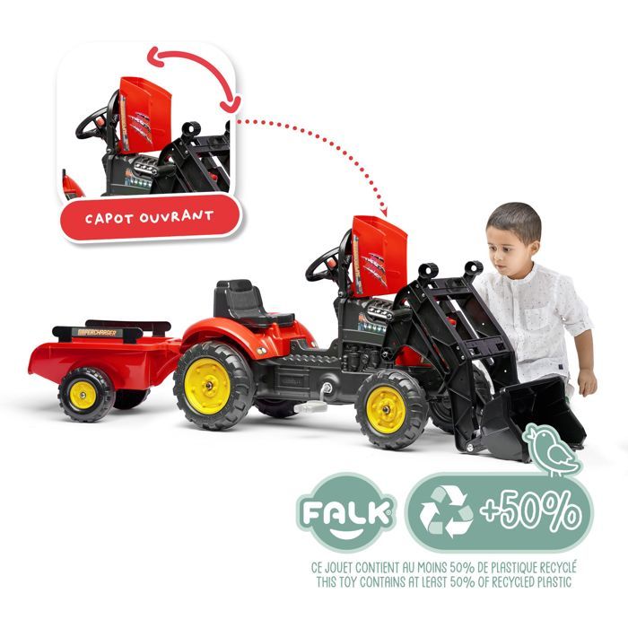 Red Supercharger pedal tractor with opening hood and trailer