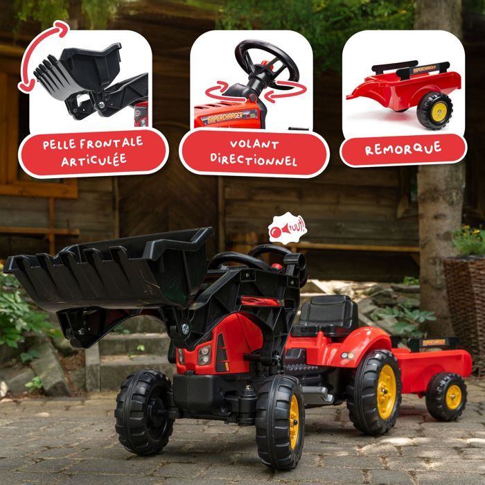 Red Supercharger pedal tractor with opening hood and trailer