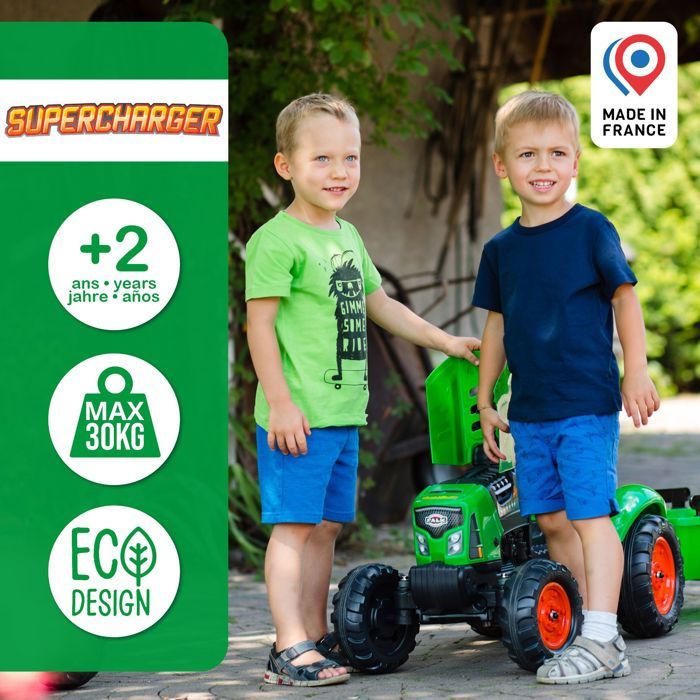 FALK - Supercharger red pedal tractor with opening hood and trailer