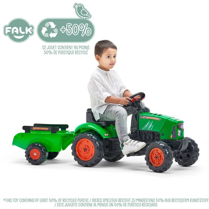FALK - Supercharger red pedal tractor with opening hood and trailer