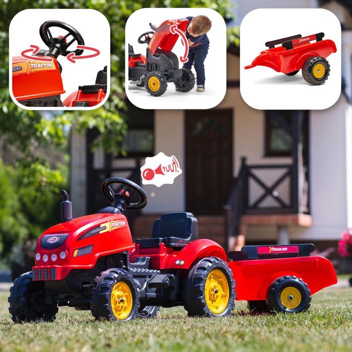 FALK - 2046AB - Red X Tractor pedal tractor with opening hood and trailer included