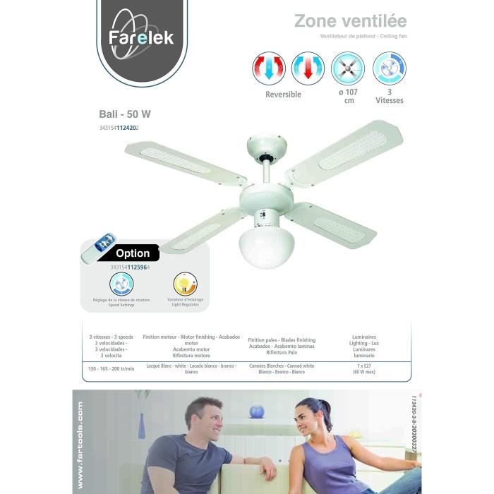 FARELEK - BALI Ø 107 cm - Reversible ceiling fan, 4 white blades / white canes + lighting - 112420