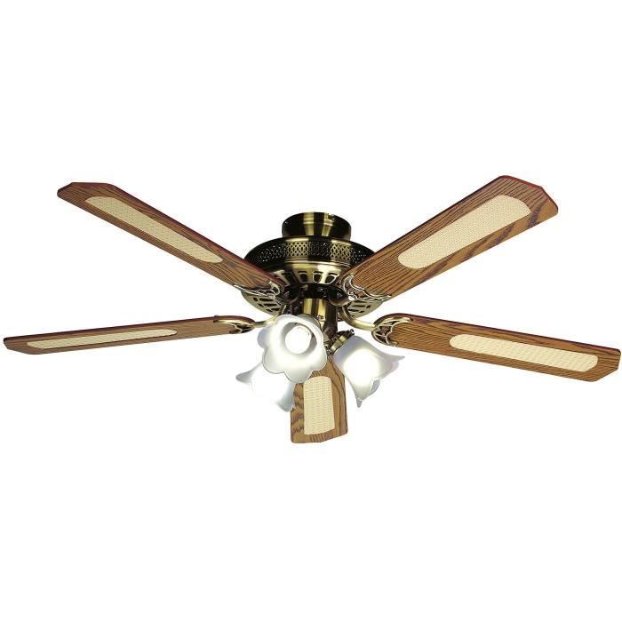FARELEK - BALEARES Ø 132 cm - Reversible ceiling fan, 5 walnut / caned blades + lighting 3 tulips 60 watts E27 - 112470