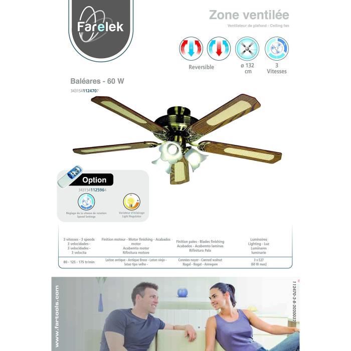 FARELEK - BALEARES Ø 132 cm - Reversible ceiling fan, 5 walnut / caned blades + lighting 3 tulips 60 watts E27 - 112470