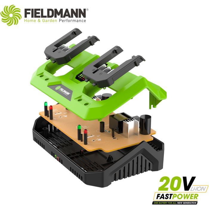 Double charger - FIELDMANN - For 20V batteries - Charge 2Ah in 60 min - Compatible 2Ah, 4Ah