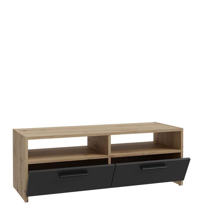 PILVI TV cabinet - Contemporary style - Oak and Black decor - 2 flaps + 2 niches - L 95 x D 36 x H 34.5 cm