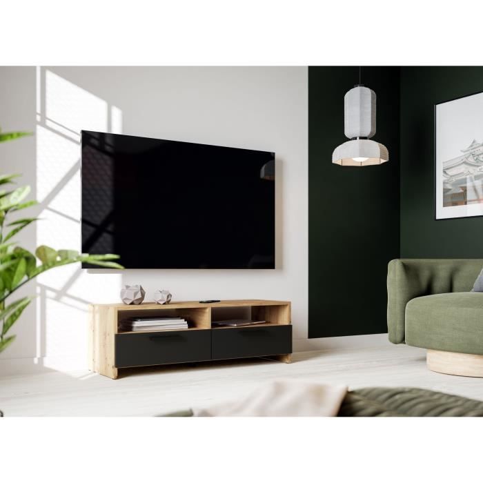 PILVI TV cabinet - Contemporary style - Oak and Black decor - 2 flaps + 2 niches - L 95 x D 36 x H 34.5 cm