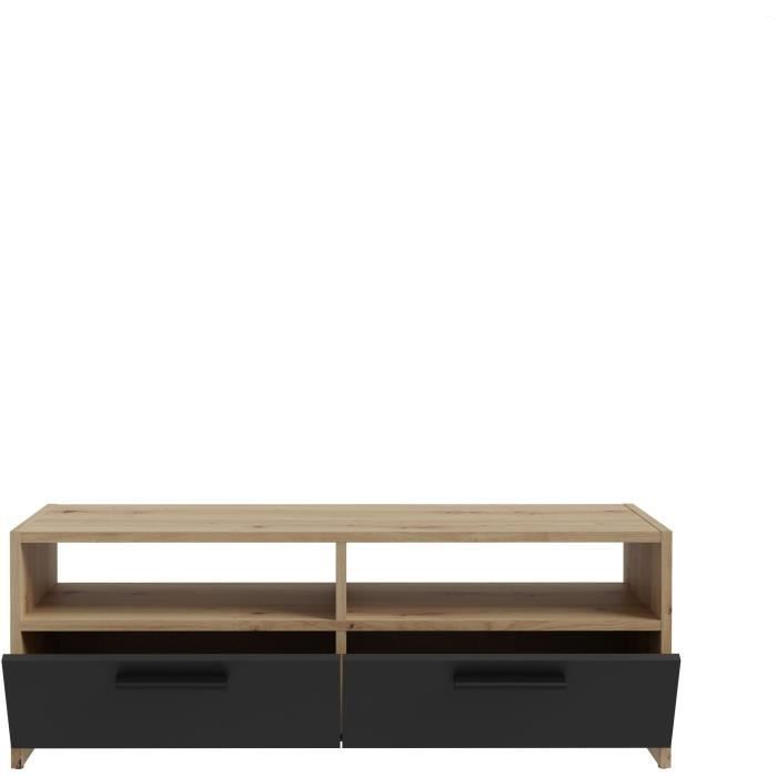 PILVI TV cabinet - Contemporary style - Oak and Black decor - 2 flaps + 2 niches - L 95 x D 36 x H 34.5 cm